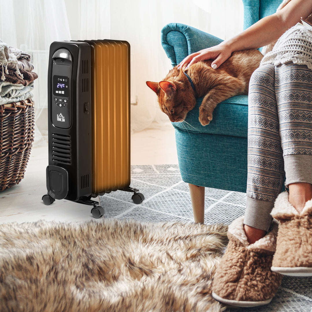 HOMCOM 1630W Digital Oil Filled Radiator, 7 Fin, Portable Electric Heater with LED Display, Built-in Timer, 3 Heat Settings, Remote Control, Black