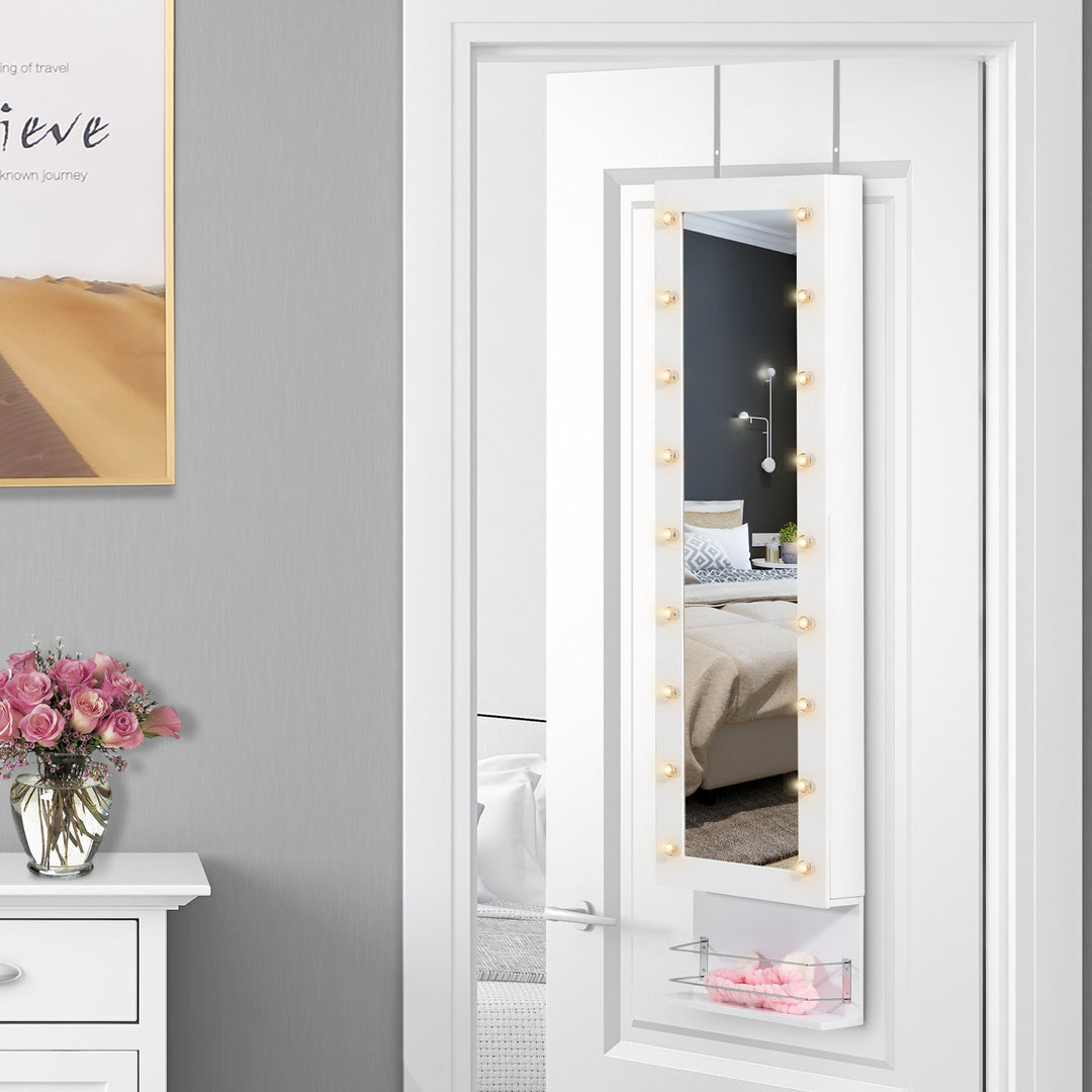 Jewellery Storage Mirror Cabinet Wall Mounted or Door Hanging w/ Hooks Shelves Drawer 18 Lights Brush Holder Vanity Makeup White