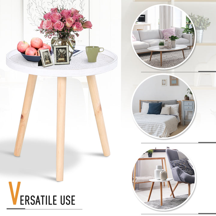 Flower Eteched Side Table w/Saucer Top Wood Legs Living Room Bedroom Furniture Coffee End Table Display Decoration Elegant - White