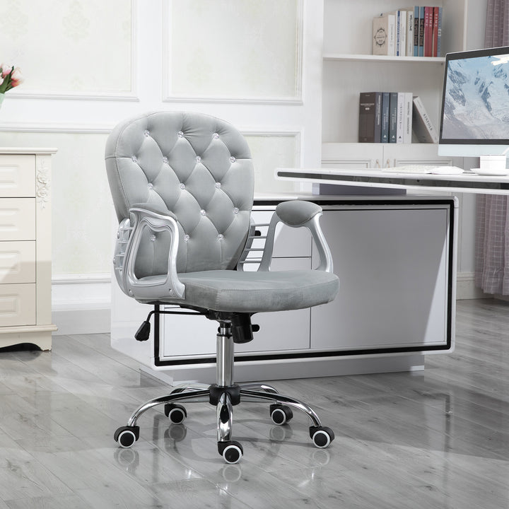 Vinsetto Office Chair Ergonomic 360° Swivel Diamond Tufted Home Work Velour Padded Base 5 Castor Wheels Grey