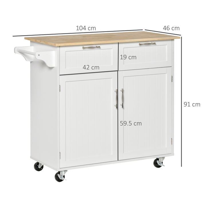 Modern Rolling Kitchen Island Storage Kitchen Cart Utility Trolley with Rubberwood Top, 2 Drawers, White