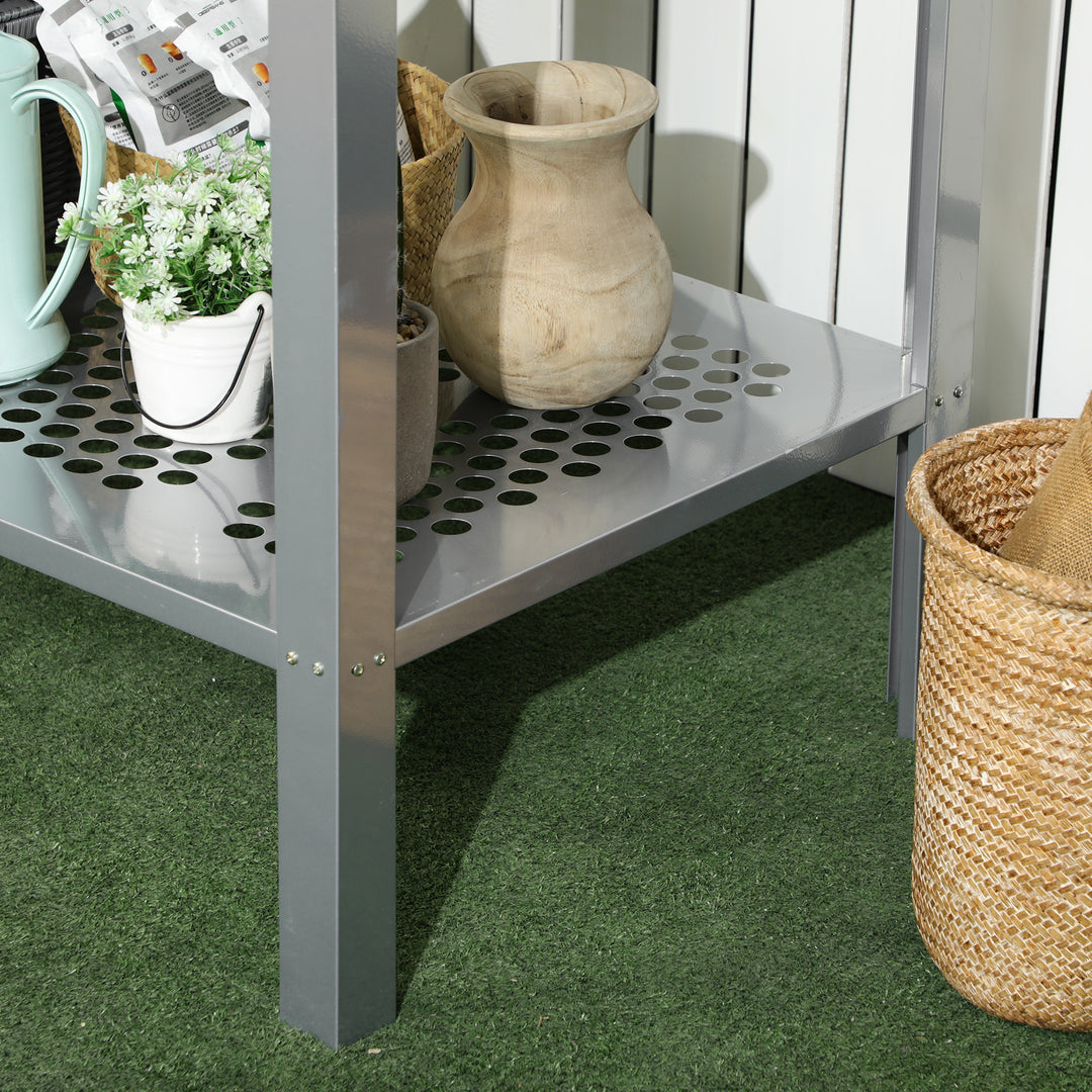2-Tier Plant Stand, Corner Plant Shelf for Outdoor and Indoor Storage Organizer, Freestanding Flower Rack w/Steel Frame, Mesh Board, Silver