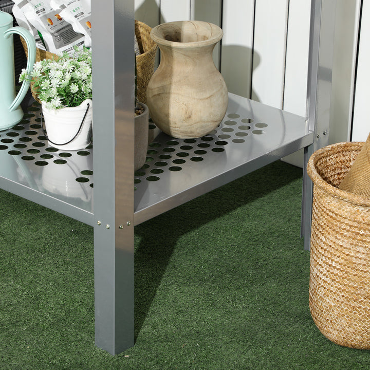 2-Tier Plant Stand, Corner Plant Shelf for Outdoor and Indoor Storage Organizer, Freestanding Flower Rack w/Steel Frame, Mesh Board, Silver