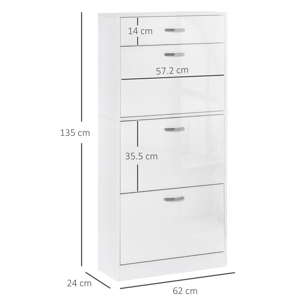 Shoe Cabinet with 4 Drawers Storage High Gloss Cupboard with Flip Doors Pull Down Furniture Unit with Adjustable Shelves for 18 Pairs White