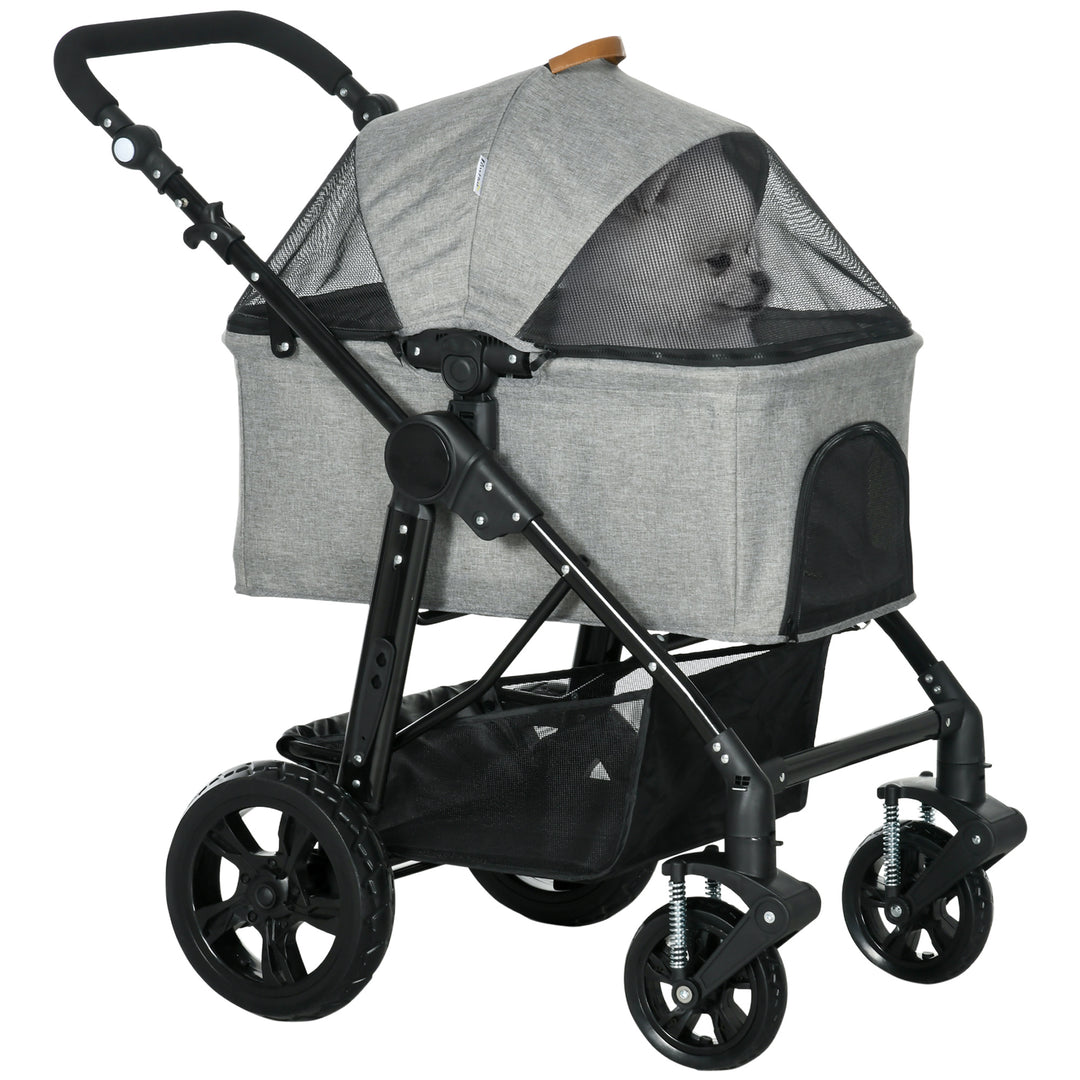 PawHut 2-In-1 Design No-Zip Pet Stroller Detachable Bag Travel Trolley with Shock-absorbing System Brake Basket Adjustable Handlebar Safety Leash Grey