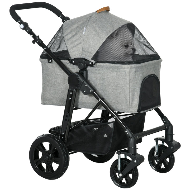 PawHut 2-In-1 Design No-Zip Pet Stroller Detachable Bag Travel Trolley with Shock-absorbing System Brake Basket Adjustable Handlebar Safety Leash Grey