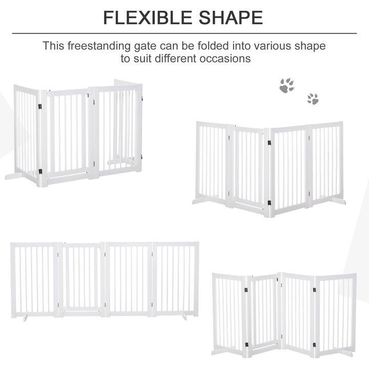 PawHut Wooden Freestanding Pet Gate 4 Panels 91cm Foldable Dog Safety Fence with 2 Support Feet Walk-through Door for Doorway Stairs White