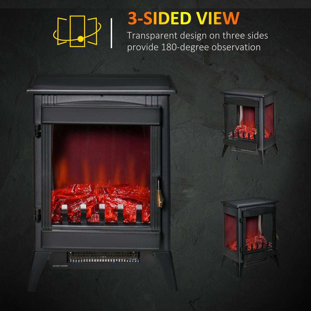 Free standing Electric Fireplace Stove, Fireplace Heater with LED Flame Effect, 3-sided Tempered Glass, Overheat Protection, 1000W/2000W, Black