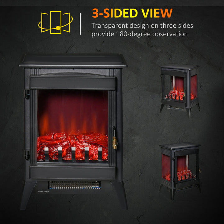 Free standing Electric Fireplace Stove, Fireplace Heater with LED Flame Effect, 3-sided Tempered Glass, Overheat Protection, 1000W/2000W, Black