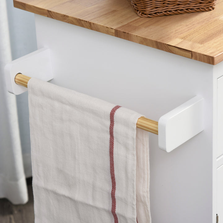 Kitchen Island Storage Cabinet Rolling Trolley with Rubber Wood Top, 3-Tier Spice Rack, Large Cabinet & Drawers