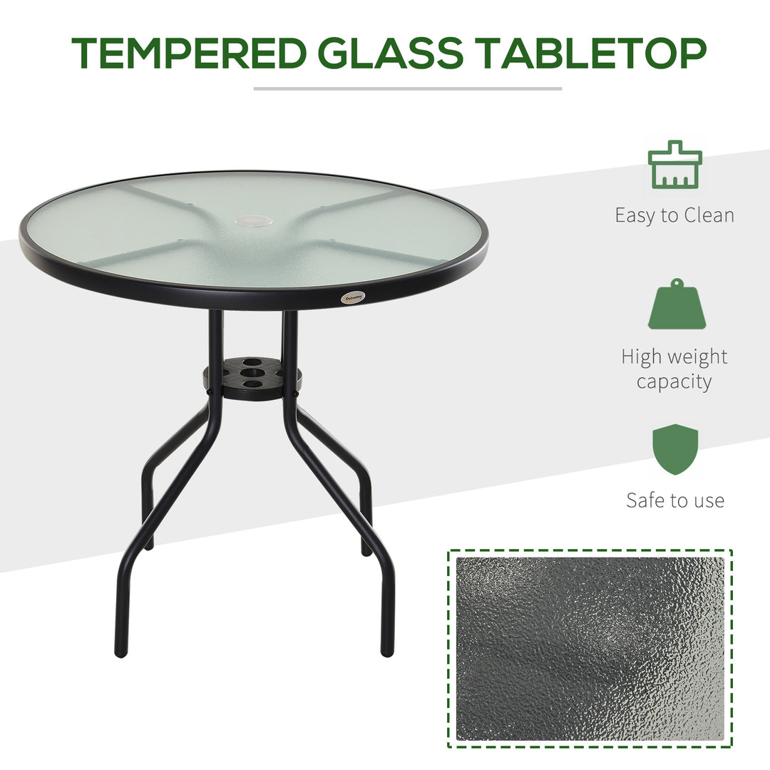 Outsunny Garden Table Outdoor Round Dining Coffee Table with Parasol Hole, Tempered Glass Top Side Table - 80cm Diameter