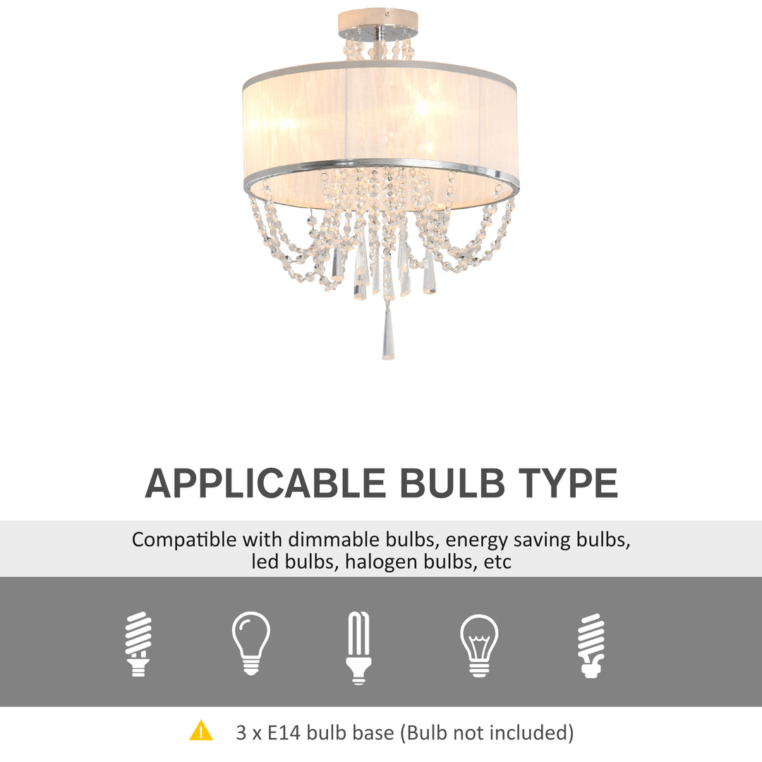 Elegant Metal Ceiling Light Chandelier with Pleated Fabric Lampshade, Decorative Crystal Pendants, for Living Room, Dining Room, Bedroom, White