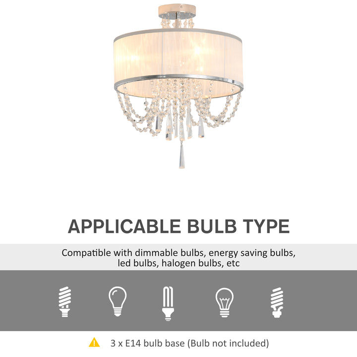 Elegant Metal Ceiling Light Chandelier with Pleated Fabric Lampshade, Decorative Crystal Pendants, for Living Room, Dining Room, Bedroom, White