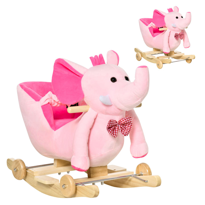 Plush Baby Ride on Rocking Horse Elephant Rocker with Wheels Wooden Toy for Kids 32 Songs (Pink)