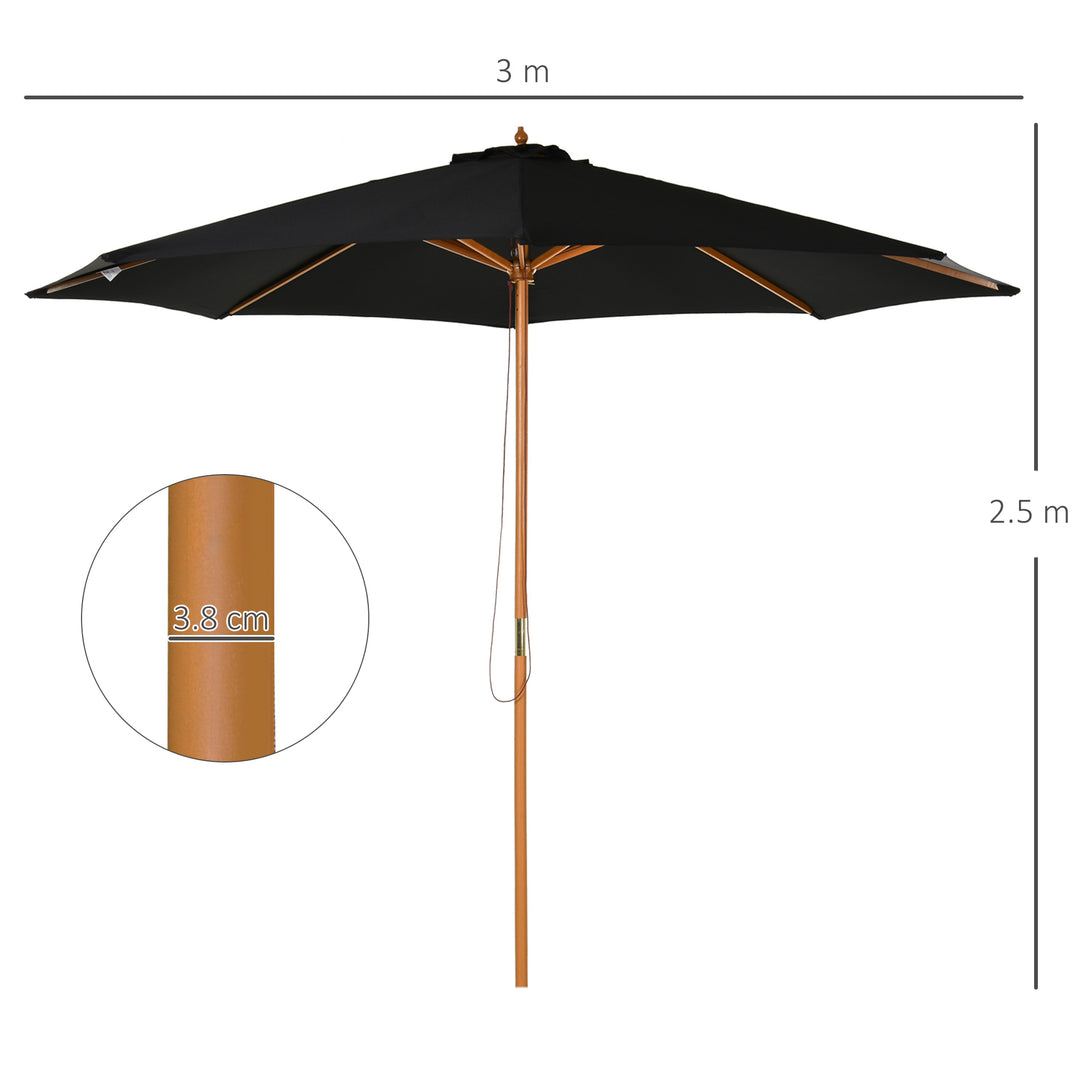 Outsunny ⌀3m Bamboo Wooden Market Patio Umbrella Garden Parasol Outdoor Sunshade Canopy, 8-ribs,Black
