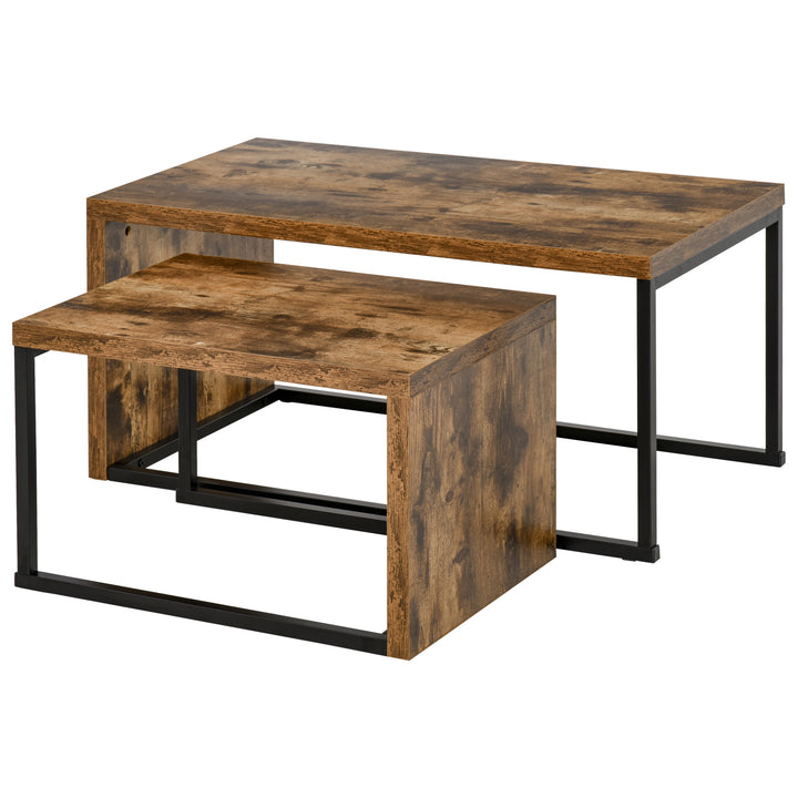 Set of 2 Coffee Tables Industrial Style Tea Table, Side Table w/ Metal Frame for Living Room Bedroom Black & Brown