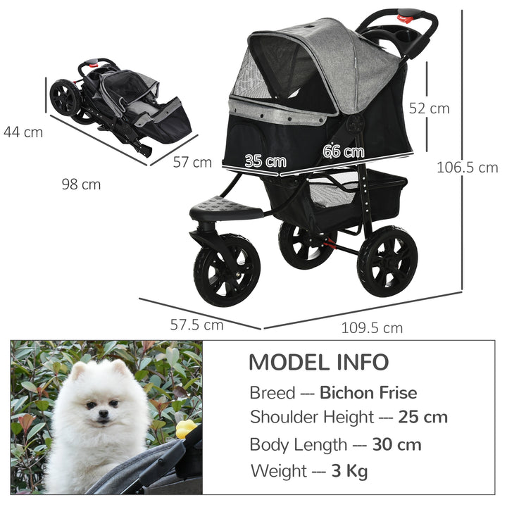 PawHut Dog Pushchair Folding Pet Stroller 3 Wheel Dog Jogger Travel Carrier Adjustable Canopy Storage Brake Mesh Window Grey