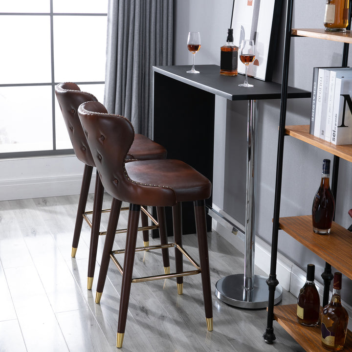 Bar Stools Set of 2, PU Leather Vintage Counter-Height Bar Chair, Luxury European Style Kitchen Stools with Back, Brown