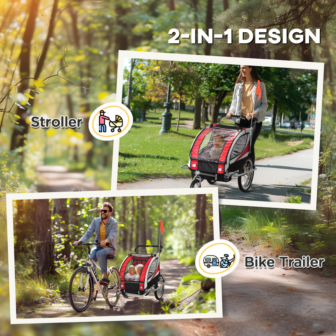 Child Bike Trailer Baby Bicycle Trailer 360° Rotatable for 2 Kids with Steel Frame LED Red