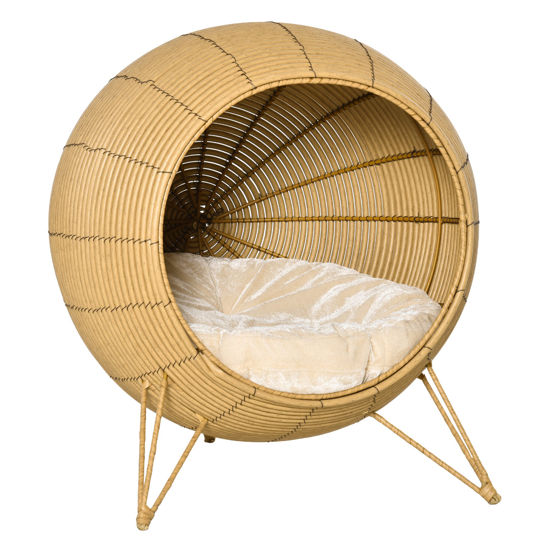 Wicker Cat Bed Elevated Rattan Kitten Basket Pet Den. House Cozy Cave with Soft Cushion Φ52 x 58cm Light Brown