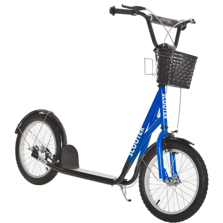 Kids Kick Scooter Teen Ride On Children Scooter with Adjustable Handlebar 2 Brakes Basket Cupholder Mudguard 16" Inflatable Rubber Tyres Blue