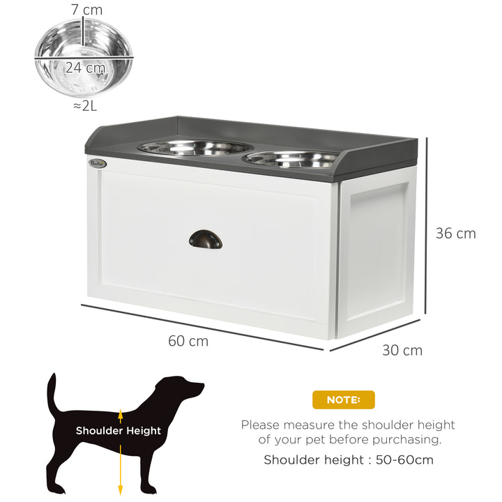 PawHut Stainless Steel Raised Dog Bowls with 21L Storage Drawer for Large Dogs and Cats - White