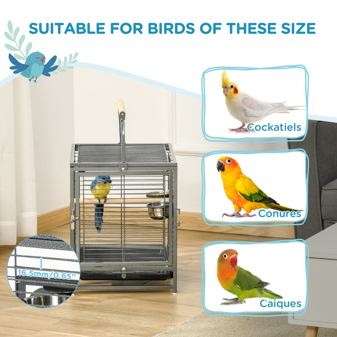 PawHut Metal Parrot Cage Bird Carrier Green Cheek Canary Parakeet Cockatiel Small Parrot Travel Breeding Cage Wooden Perch Black