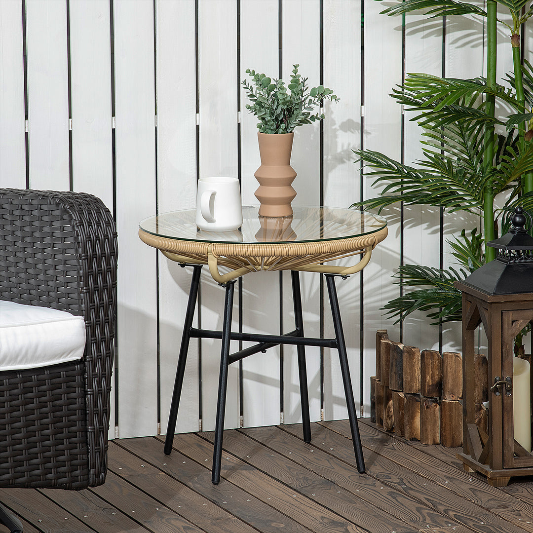 Rattan Side Table, Round Outdoor Coffee Table, with Round PE Rattan and Tempered Glass Table Top for Patio, Garden, Balcony, Black