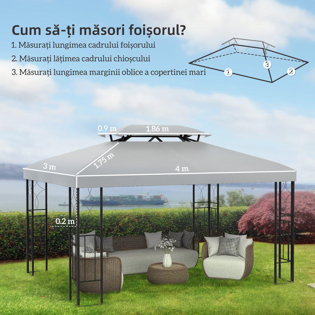 3x4m Gazebo Replacement Roof Canopy 2 Tier Top UV Cover Garden Patio Outdoor Sun Awning Shelters Light Grey (TOP ONLY)