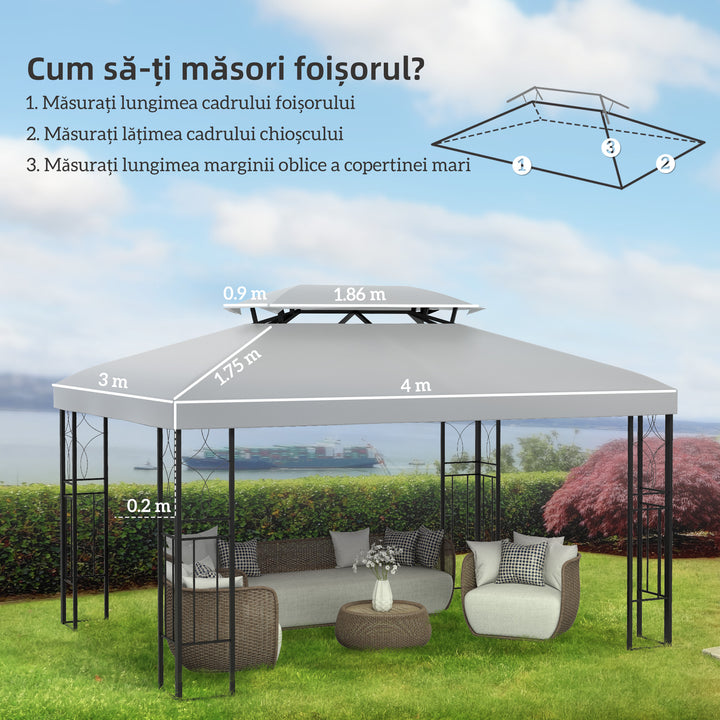 3x4m Gazebo Replacement Roof Canopy 2 Tier Top UV Cover Garden Patio Outdoor Sun Awning Shelters Light Grey (TOP ONLY)