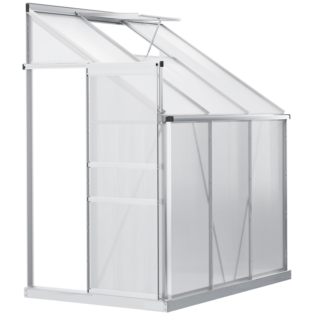 Outsunny Walk-In Greenhouse Lean to Wall Polycarbonate Garden Greenhouse with Adjustable Roof Vent, Rain Gutter and Sliding Door, 6 x 4 ft