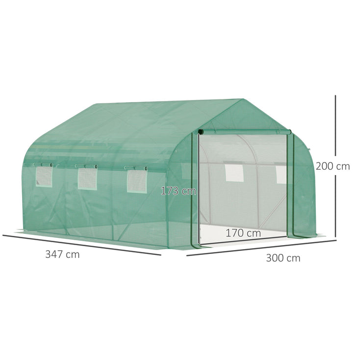 Outsunny Walk-in Polytunnel Garden Greenhouse, Outdoor Greenhouse with PE Cover, Zippered Roll Up Door and 6 Windows, 3.5 x 3 x 2m, Green