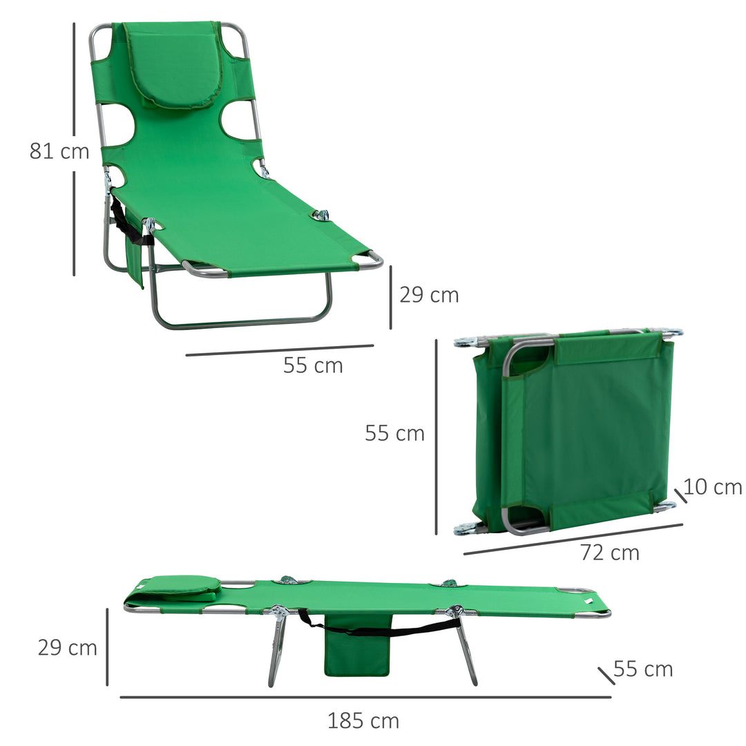 Beach Chaise Lounge with Face Cavity &amp; Arm Slots, Portable Sun Lounger, Reclining Lounge Chair for Patio Garden Beach Pool, Green
