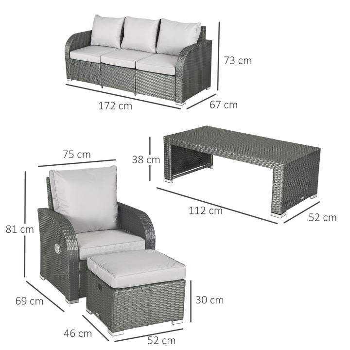 7-Seater Rattan Garden Furniture w/ Coffee Table Footstool Space-saving Patio Wicker Weave Reclining Chair Set, Light Grey