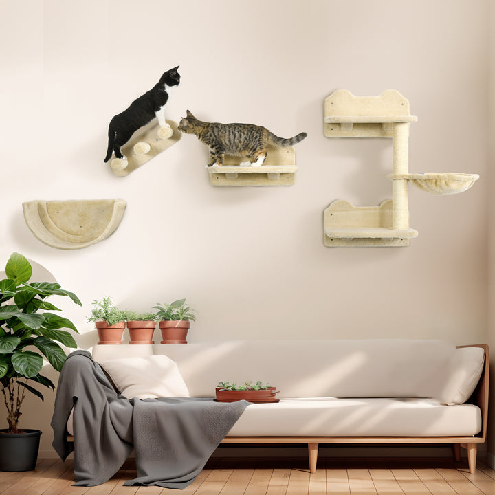 PawHut 4PCs Wall-mounted Cats Shelves, Cat Climbing Shelf Set, Kitten Activity Center with Hammock Nest Scratching Post Jumping Platform, Beige