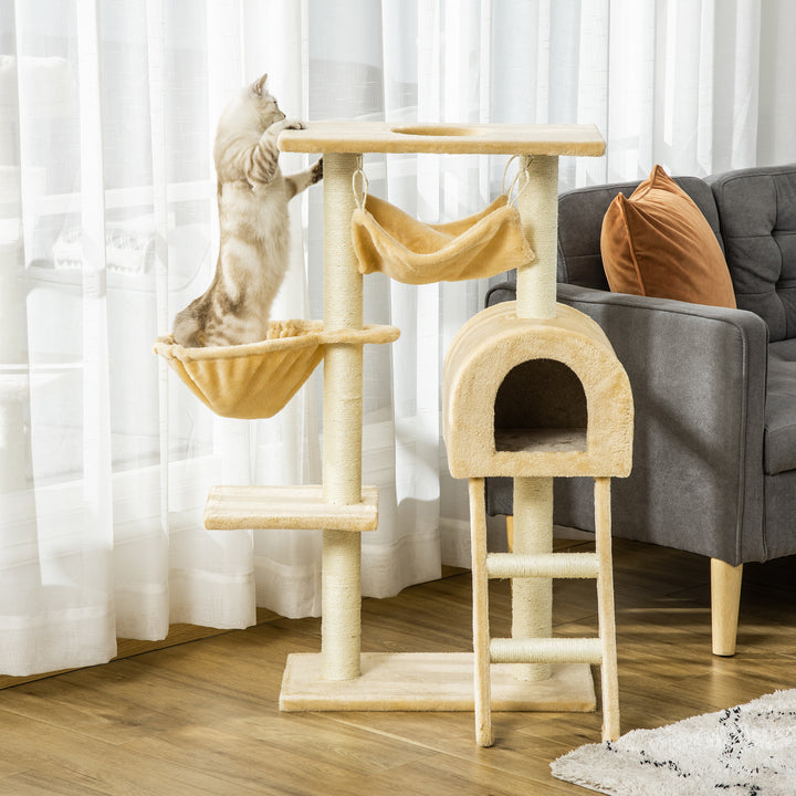 PawHut Cat Tree Tower Kitten Activity Centre Scratching Post w/ Hammock Condo Bed Basket Ladder 98 cm, Beige