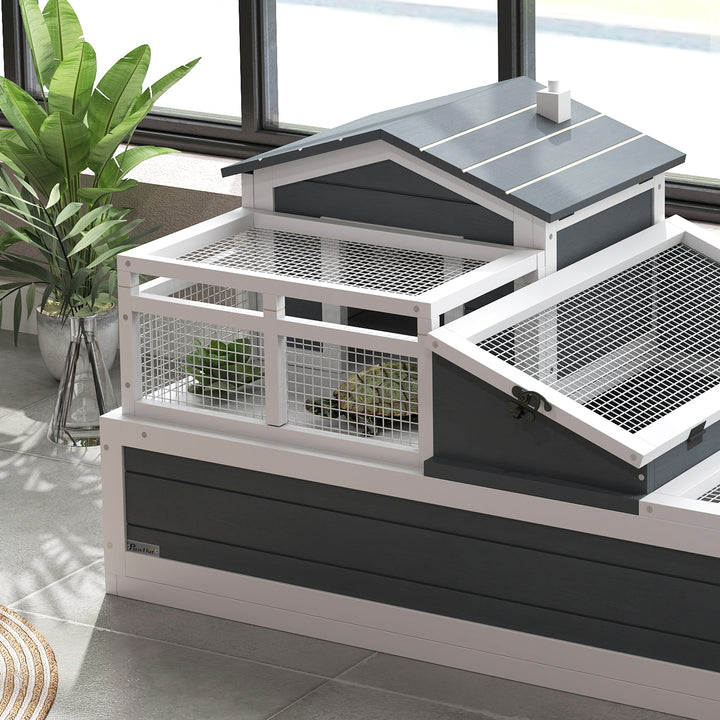 3-Room Tortoise House Habitat w/ Balcony &amp; 2 Stories, Wooden Tortoise Enclosure with Ladder, Tray, Openable Roof