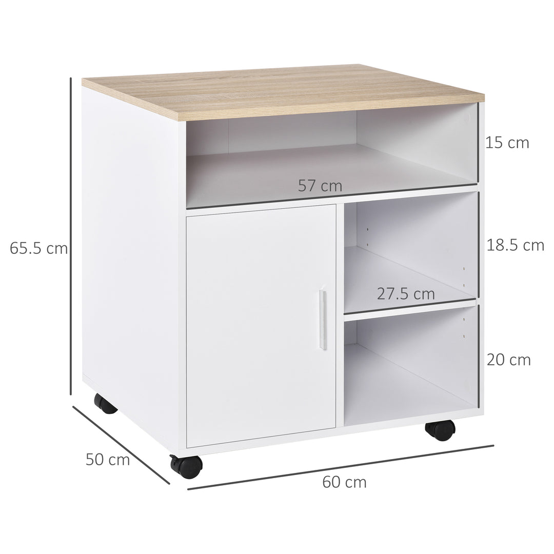 Multi-Storage Printer Stand Unit Office Desk Side Mobile Storage w/ Wheels Modern Style 60L x 50W x 65.5H cm - Oak