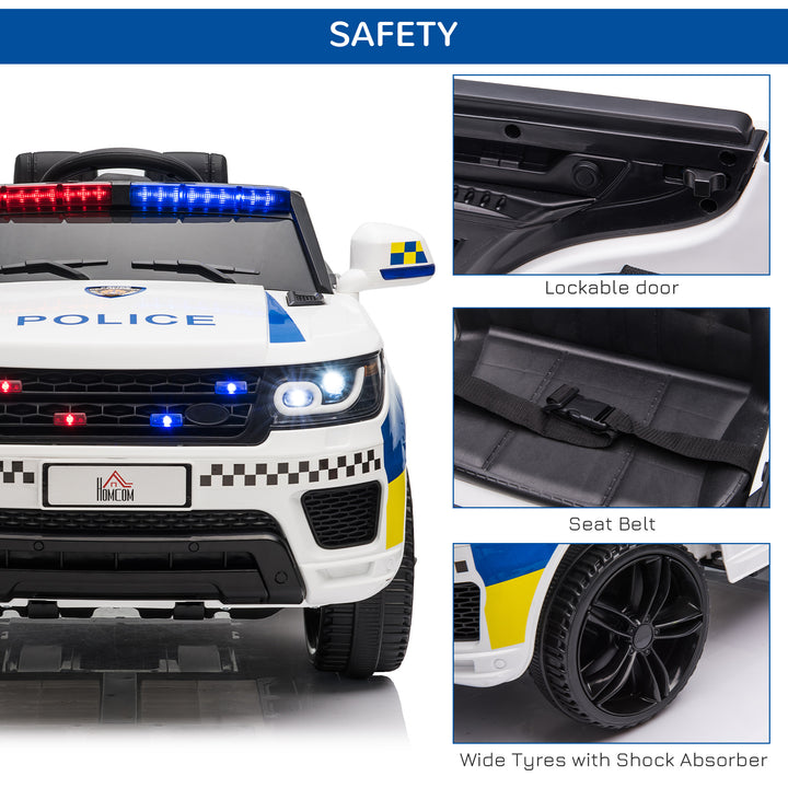 12V Kids Portable Electric Ride On Police Car with Parental Remote Control Siren Flashing Lights USB Bluetooth for 3-6 Years White