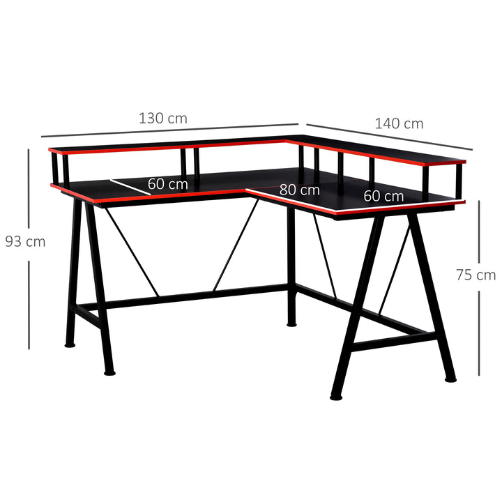 HOMCOM L-Shape Corner Gaming Desk Computer Table with Elevated Monitor Shelf Workstation, Black Red