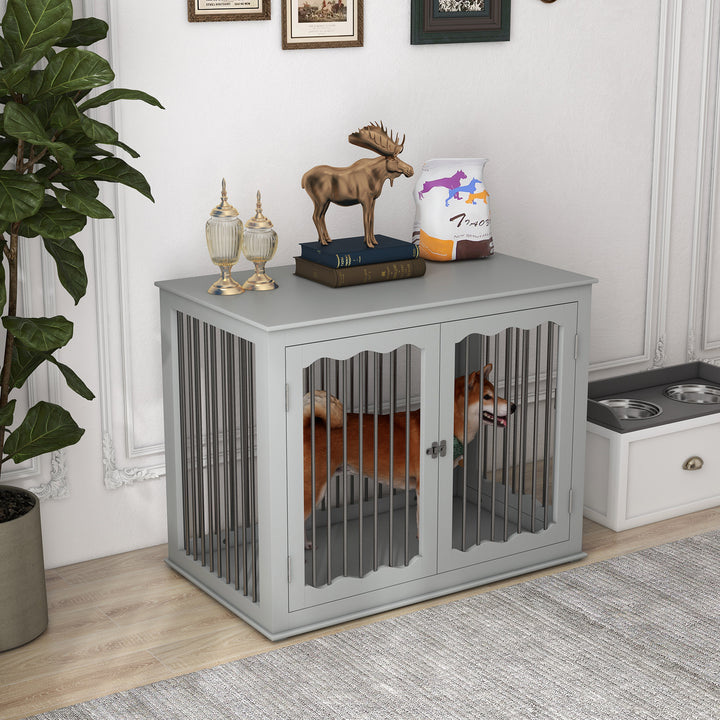 Dog Crate End Table w/ Three Doors, Furniture Style Dog Crate, for Big Dogs, Indoor Use w/ Locks and Latches - Grey