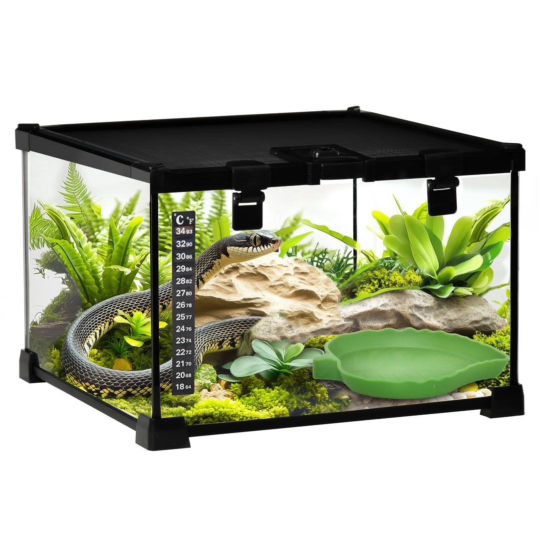 PawHut 30 x 30 x 20 cm Reptile Glass Terrarium, Reptile Breeding Tank, Climbing pet Glass Containers, Arboreal Box, with Strip Patch Thermometer-Black