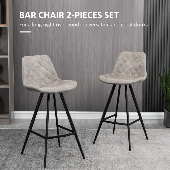 Set Of 2 Bar Stools Vintage Microfiber Cloth Tub Seats Padded Comfortable Steel Frame Footrest Quilted Home Bar Cafe Kitchen Chair Stylish Grey