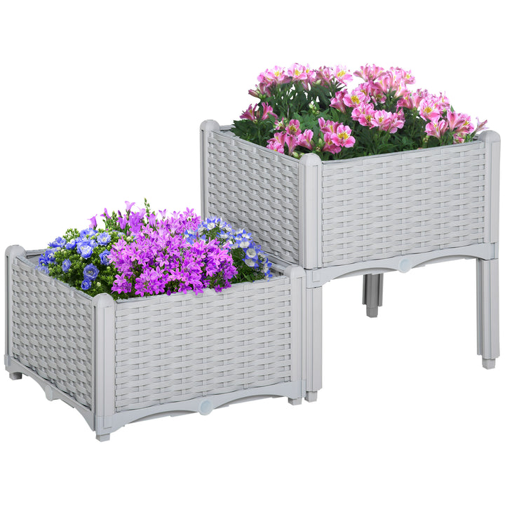 Outsunny 40cm x 40cm x 44cm Set of 2 Garden Raised Bed Elevated Patio Flower Plant Planter Box PP Vegetables Planting Container, Grey