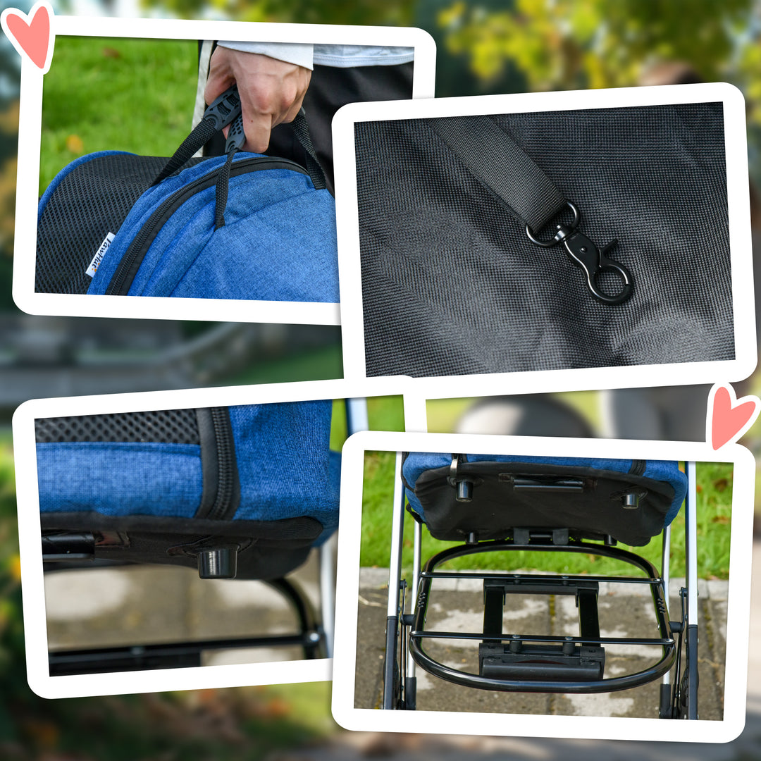 PawHut Detachable Pet Stroller Pushchair Foldable Dog Cat Travel Carriage 2-In-1 Design Carrying Bag Dark Blue