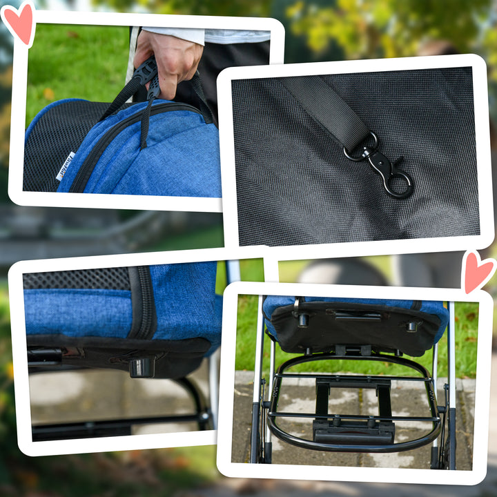 PawHut Detachable Pet Stroller Pushchair Foldable Dog Cat Travel Carriage 2-In-1 Design Carrying Bag Dark Blue