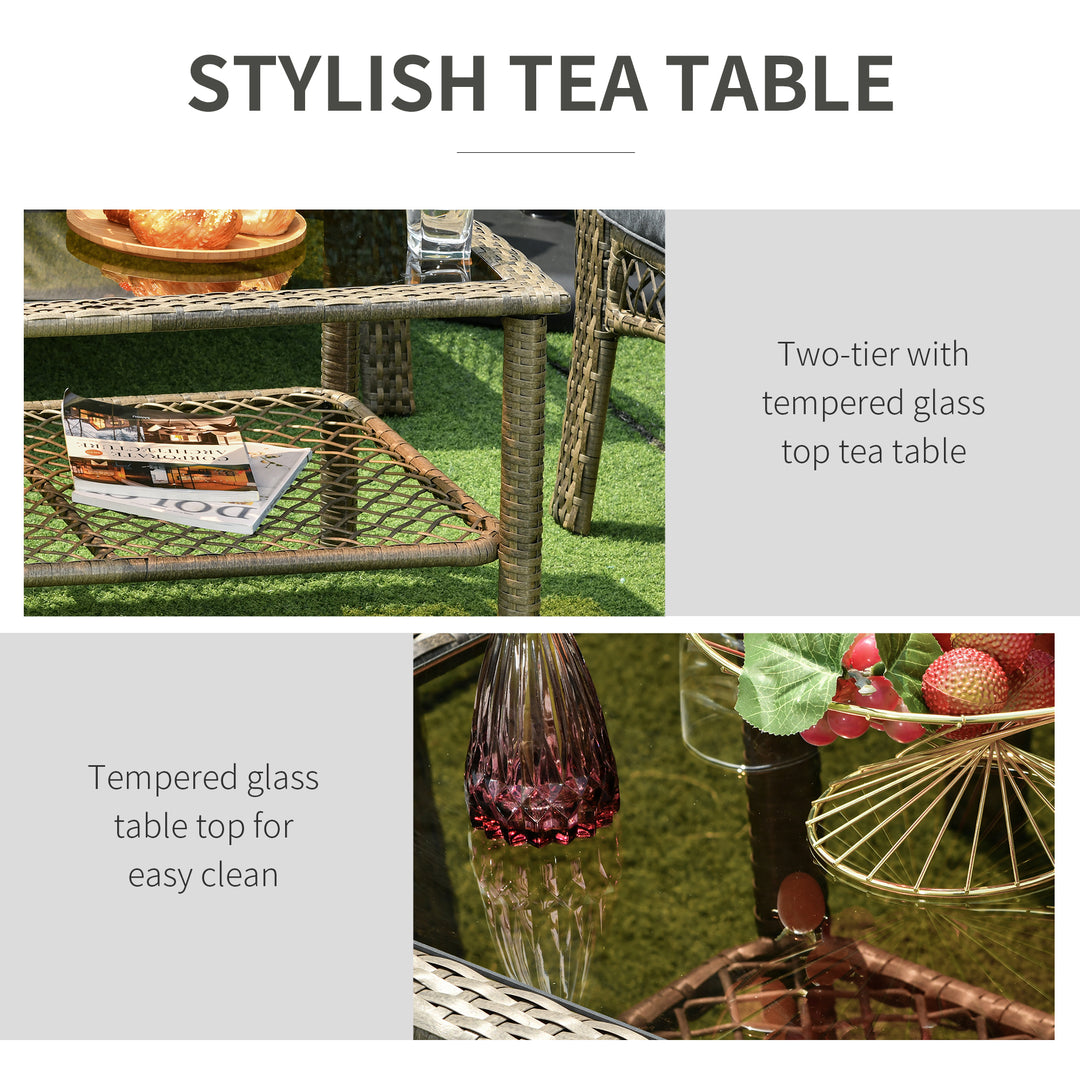 4-Seater Patio PE Rattan Wicker Sofa Sets Outdoor All Weather Conversation Furniture w/ Two Tier Tea Table &amp; Cushions for Backyard Garden Grey