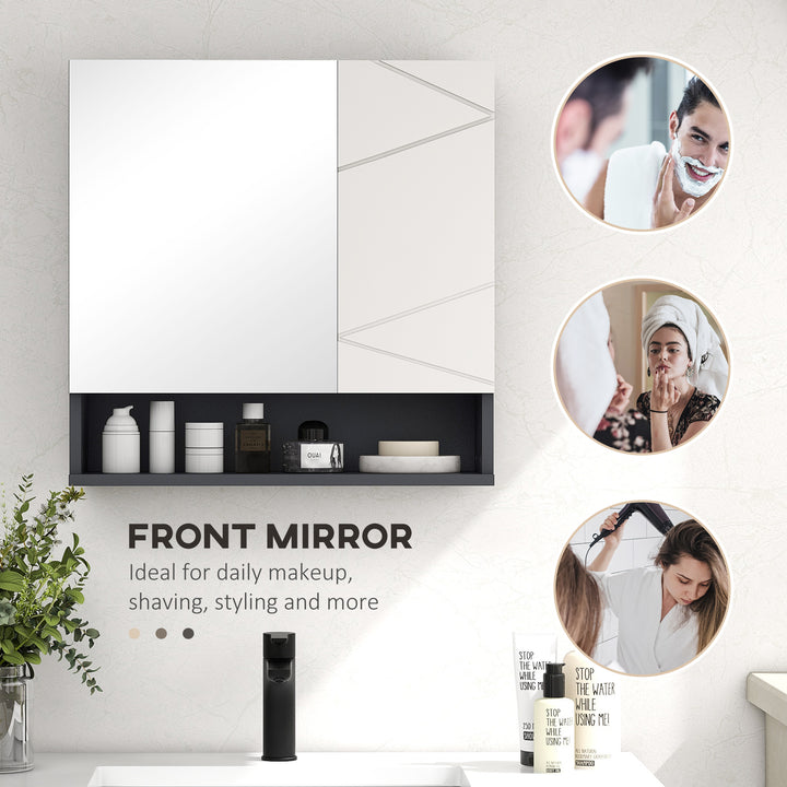 Bathroom Mirror Cabinet, Wall Mounted Storage with Adjustable Shelves, 55W x 17D x 55Hcm, Light Grey