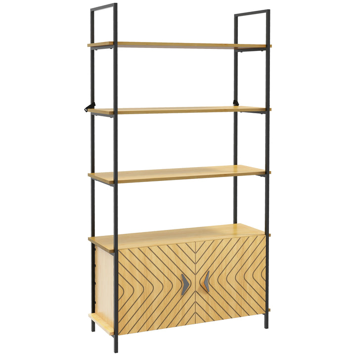 Industrial Bookshelf 4-Tier Shelving with Double Door Cabinet and Metal Frame for Living Room, Bedroom, Oak Tone