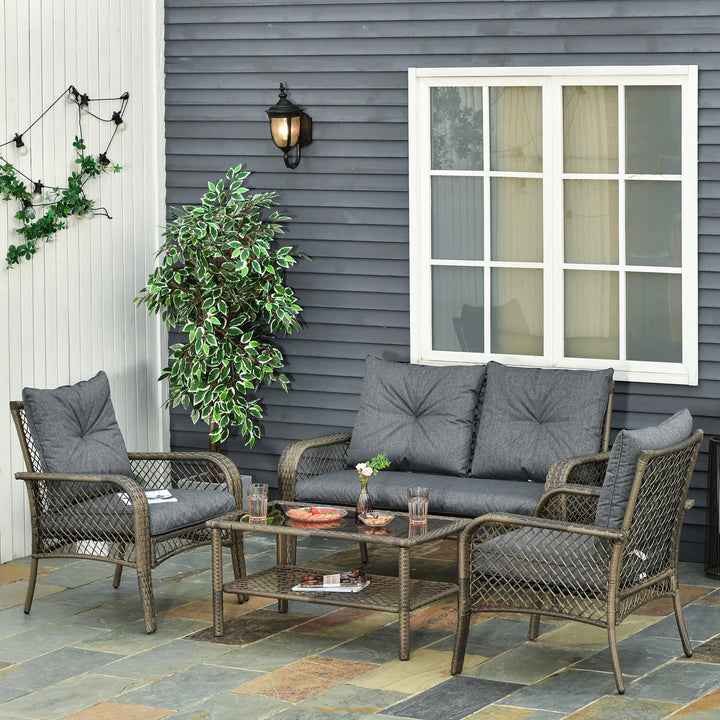 4-Seater Patio PE Rattan Wicker Sofa Sets Outdoor All Weather Conversation Furniture w/ Two Tier Tea Table &amp; Cushions for Backyard Garden Grey